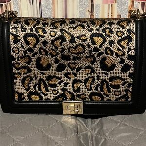 Leopard Print Black Leather Women's Bag
